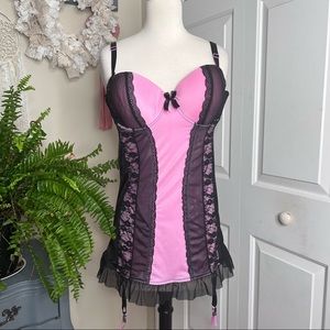 Black Fuchsia by Secret Lace Pink/Black Mesh/Lace Bodysuit, garter bustier